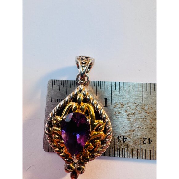 Estate Sterling Silver 925 Gold Tone Filigree Pendant w/ Pear Amethyst Gemstone - Picture 8 of 9